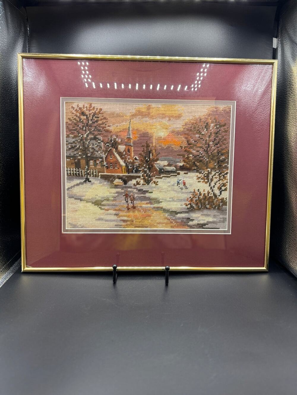 Vintage Martin Winkler Winter Village Needlepoint, Matted and Framed